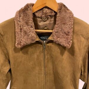 Beautiful milk chocolate brown leather jacket fur collar Alpaca 111 lined medium